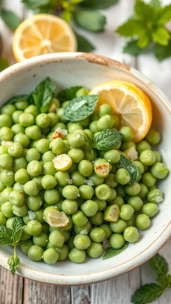 A bowl of fresh spring pea salad with mint and lemon slices