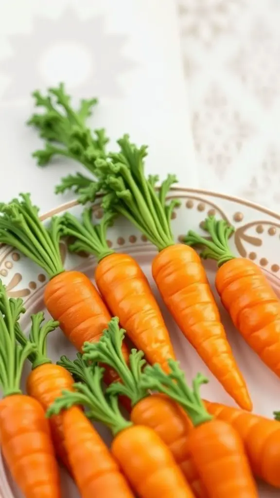 Colorful marzipan carrots on a decorative plate.