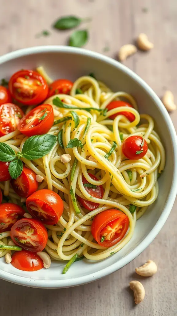 A bowl of Zucchini Noodle Salad with Pesto, featuring spiralized zucchini, cherry tomatoes, and fresh basil.
