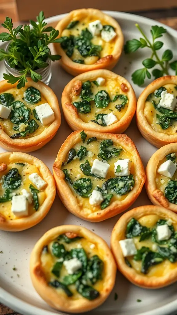 A plate of mini quiches filled with spinach and feta cheese.