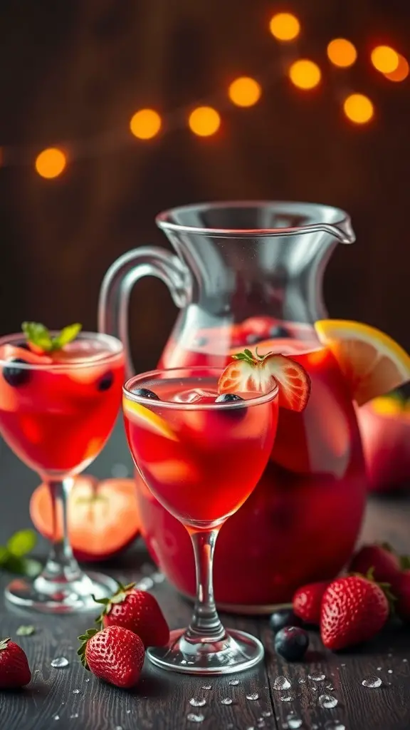 A pitcher of Love Potion Fruit Punch with glasses, garnished with strawberries and blueberries.