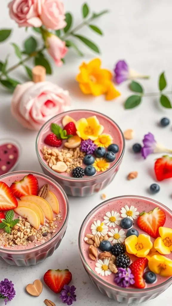 Three colorful smoothie bowls topped with fruits, nuts, and edible flowers, surrounded by pink roses and decorative elements.