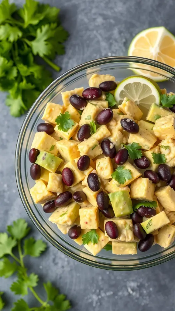 A bowl of creamy avocado and black bean salad with cilantro and lime.