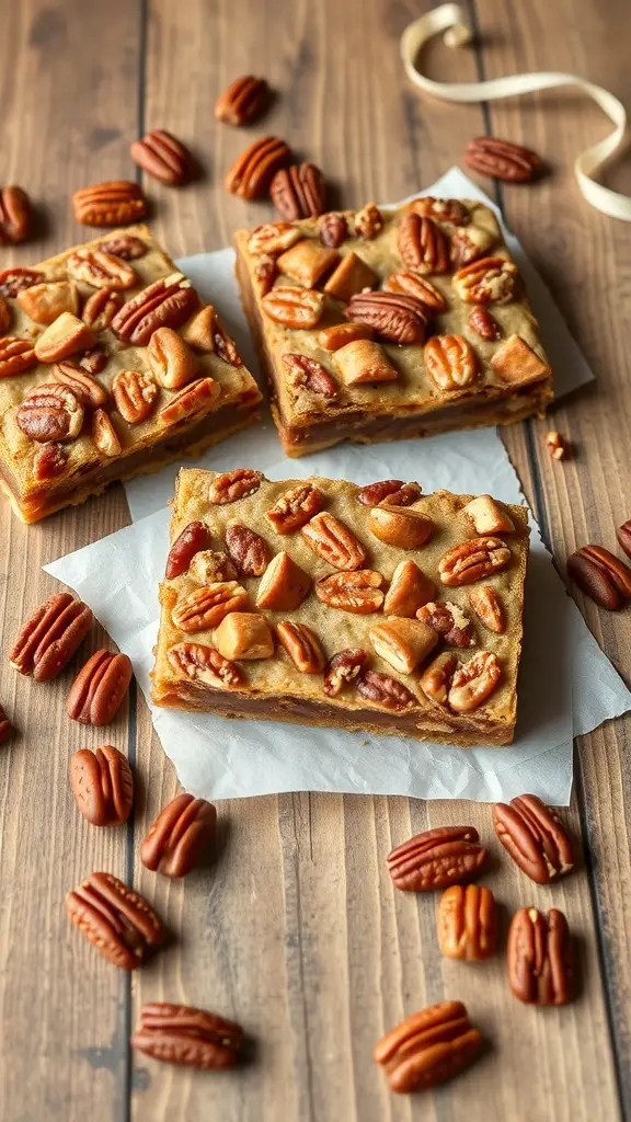 Maple Pecan Pie Bars topped with pecans on a wooden surface