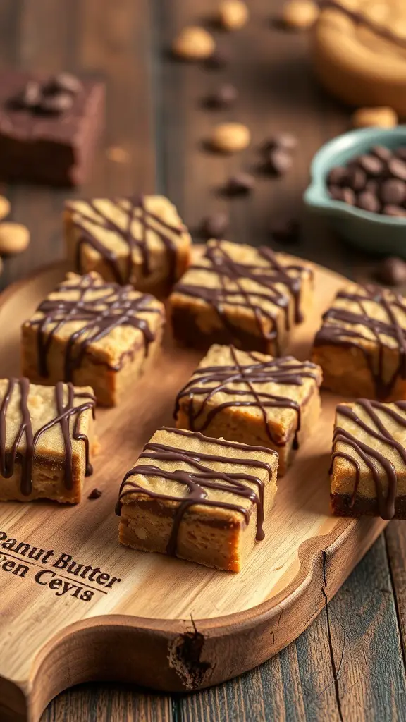 Peanut Butter Chocolate Treats arranged on a wooden board