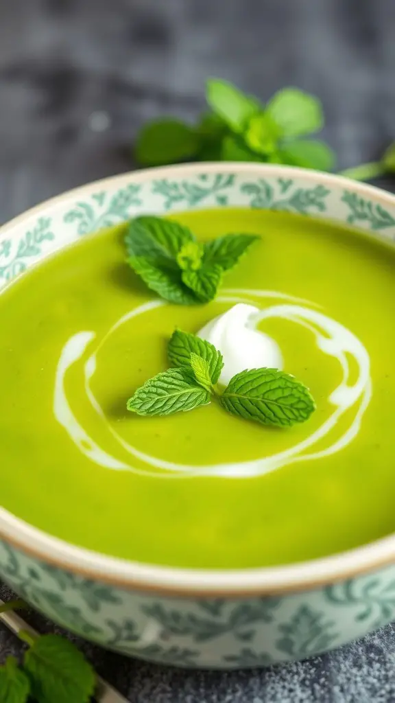 A bowl of green pea and mint soup garnished with mint leaves and a swirl of cream.