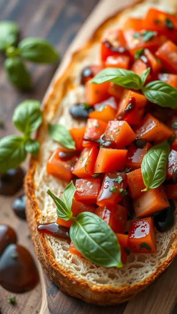 A slice of toasted bread topped with diced tomatoes, basil leaves, and balsamic glaze.