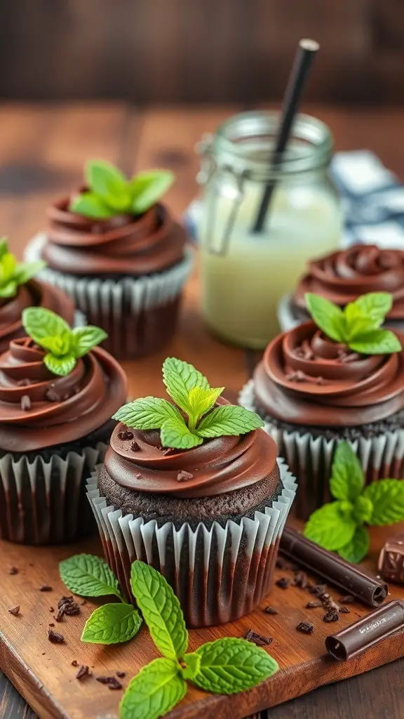 Chocolate Mint Mojito Cupcakes with mint leaves and chocolate frosting