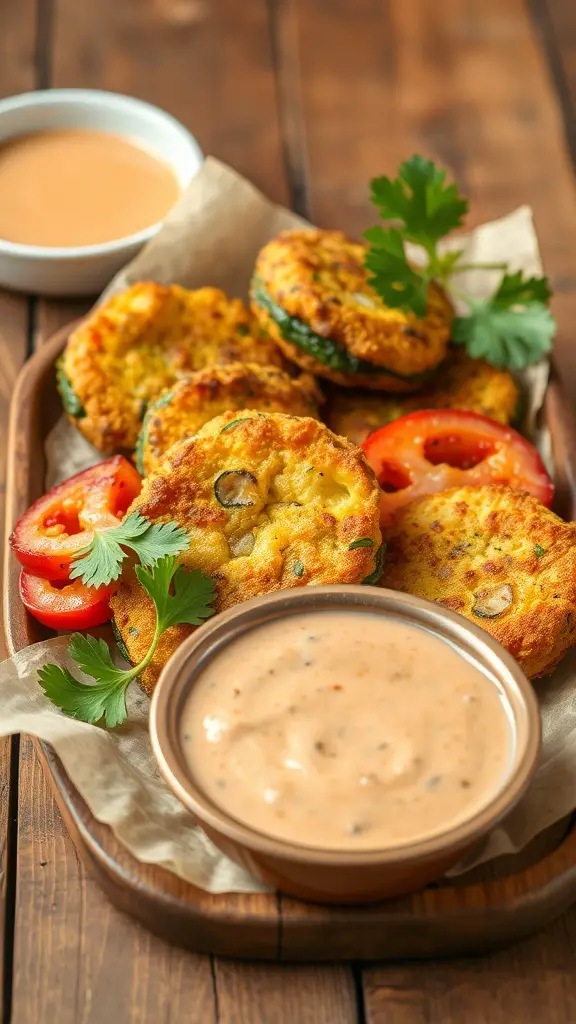 A plate of fried zucchini fritters with dipping sauce and garnished with herbs and tomatoes.
