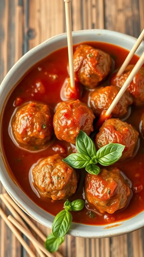 A bowl of meatballs in marinara sauce with basil leaves on top.