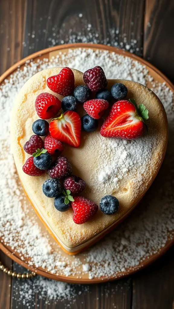 A heart-shaped vanilla bean cake topped with fresh berries