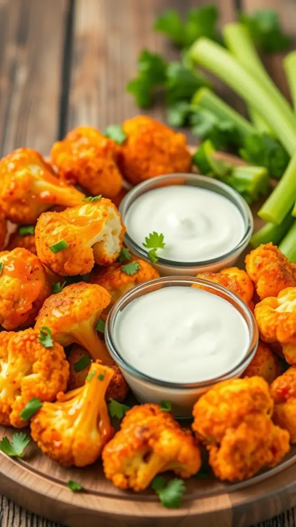 Buffalo Cauliflower Bites with dipping sauce and celery sticks