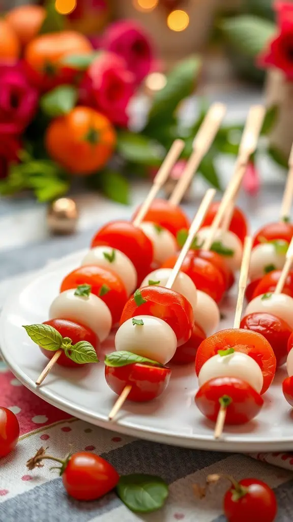 Plate of Caprese salad bites on skewers with cherry tomatoes, mozzarella, and basil