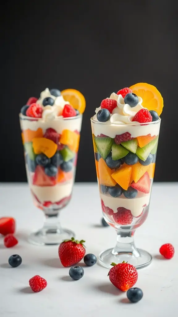 Two colorful rainbow fruit parfaits in clear glasses, layered with fresh fruits and topped with whipped cream.