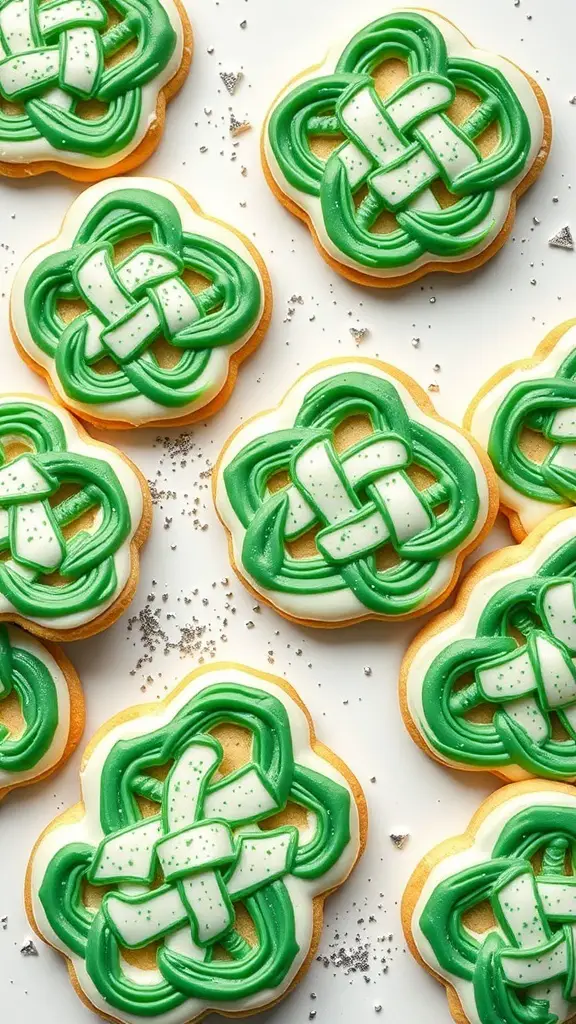 A plate of decorated Celtic Knot Cookies with green icing.