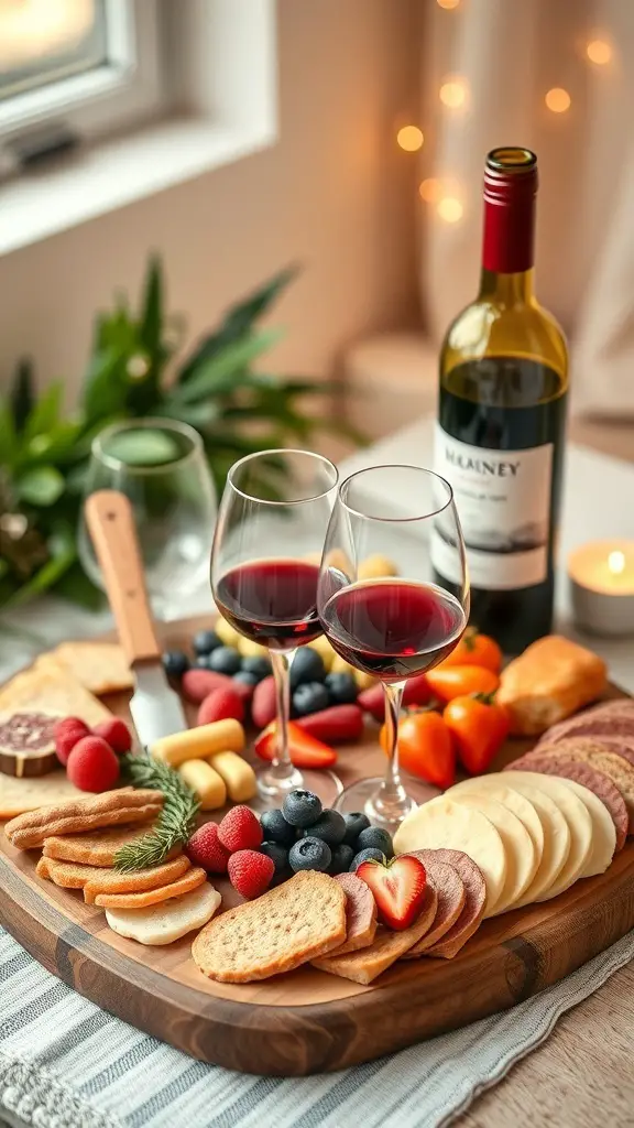A heart-shaped charcuterie board with various cheeses, fruits, and a bottle of red wine.