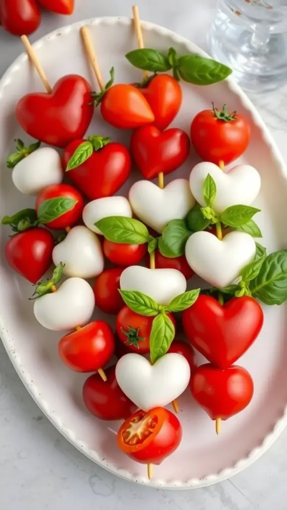 Heart-shaped Caprese skewers with cherry tomatoes, mozzarella, and basil on a platter.