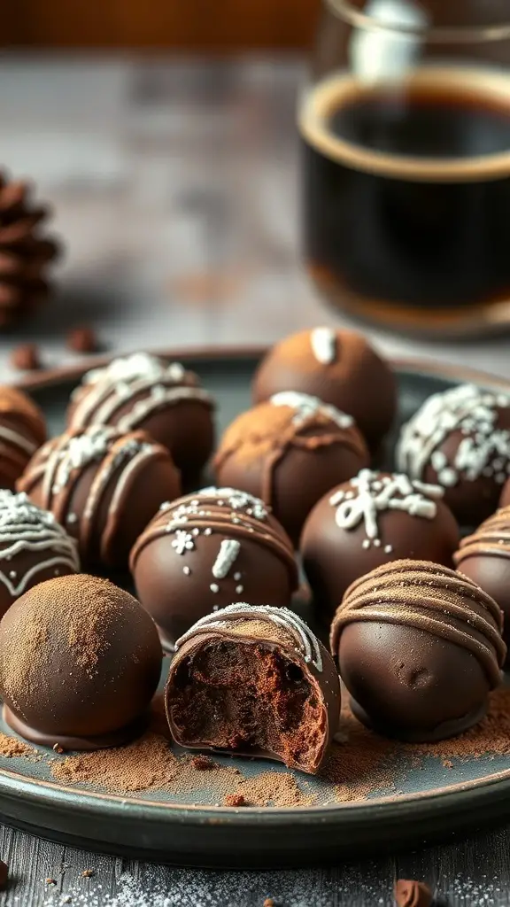 A plate of Irish cream truffles with a glass of coffee in the background.