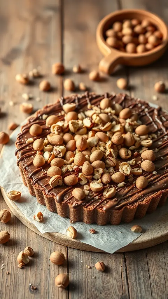 A delicious chocolate hazelnut tart topped with hazelnuts on a wooden table.