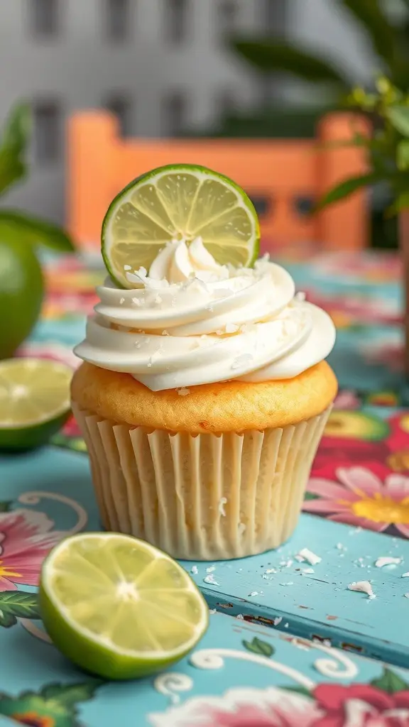 A tropical coconut lime cupcake topped with frosting and a lime slice, placed on a colorful table.