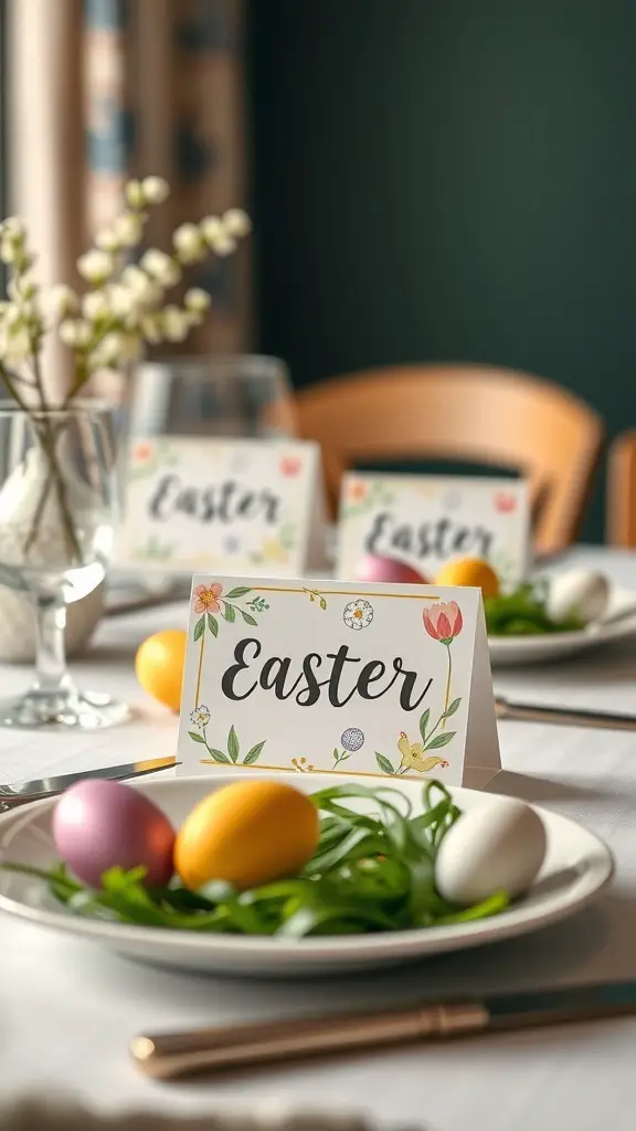 Easter themed table cards with colorful eggs and greenery on a dining table.