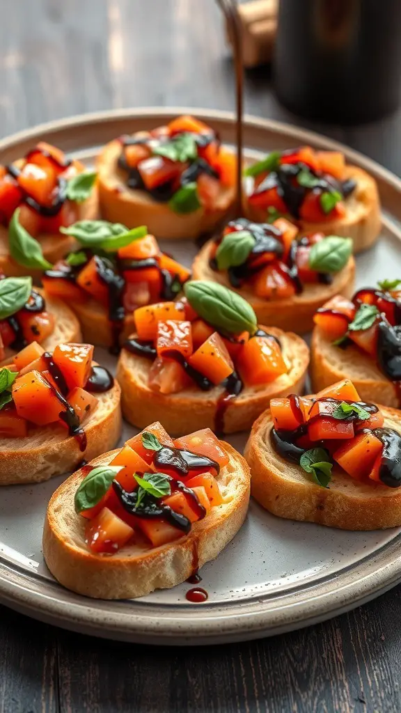 A plate of bruschetta topped with diced tomatoes and basil, drizzled with balsamic glaze.