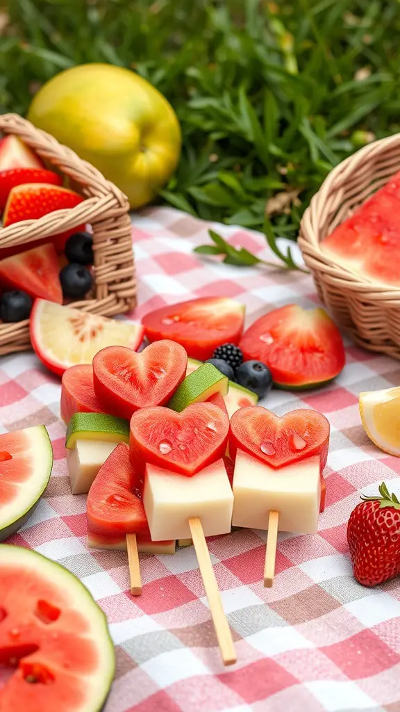 Colorful fruit skewers with heart-shaped melon, strawberries, and blueberries on a picnic blanket.