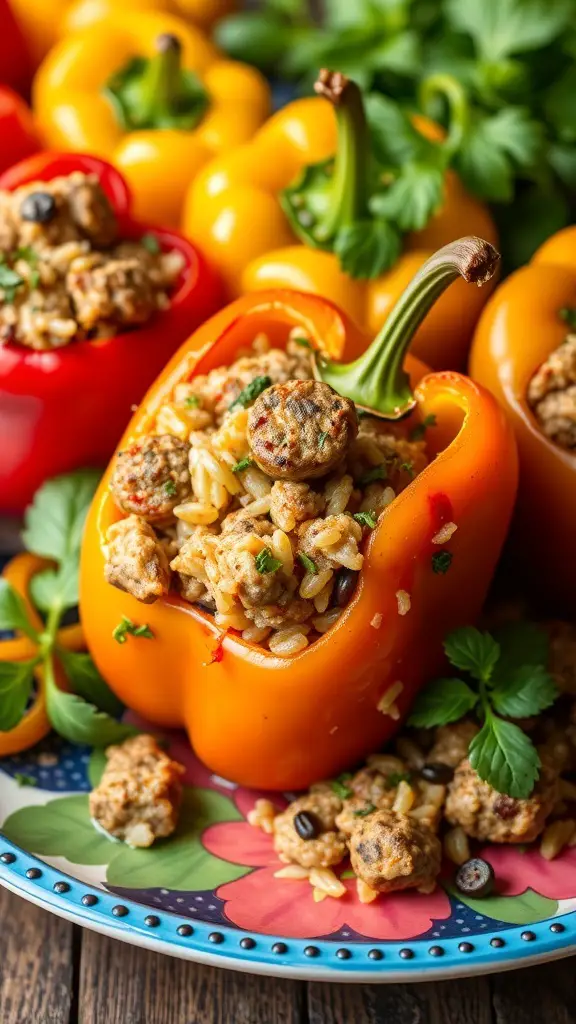Stuffed bell peppers filled with Italian sausage and rice, garnished with herbs.