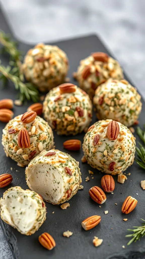 A platter of herbed goat cheese balls rolled in nuts and herbs, topped with pecans.