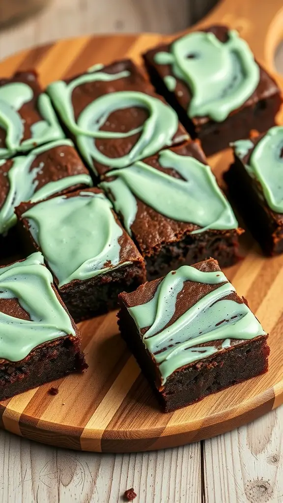 A plate of chocolate mint brownies with green icing on a wooden board.