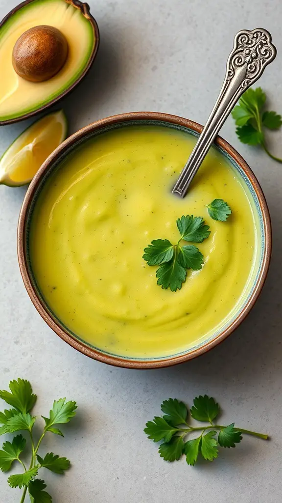A bowl of chilled avocado soup garnished with cilantro, with an avocado and lemon slice beside it.