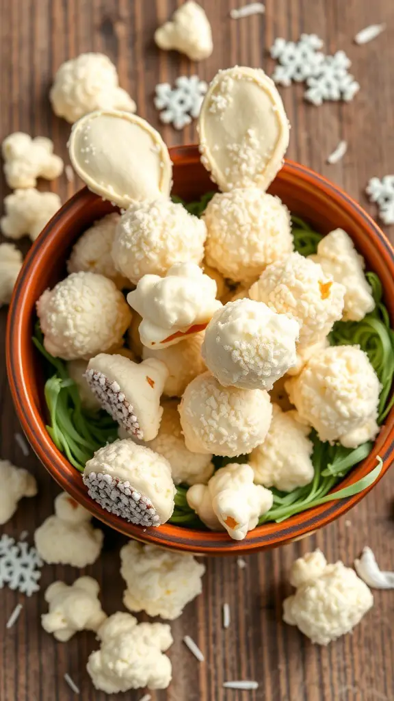 A bowl of Bunny Tail Popcorn Balls decorated with white chocolate and colorful sprinkles.
