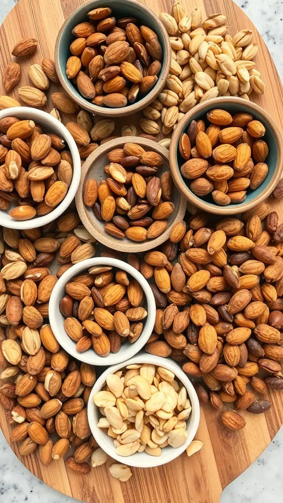 A variety of nuts and seeds arranged in bowls on a wooden board