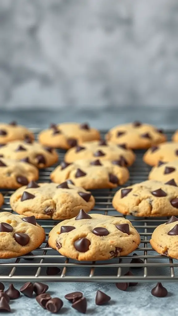 A tray of freshly baked almond flour chocolate chip cookies on a cooling rack.