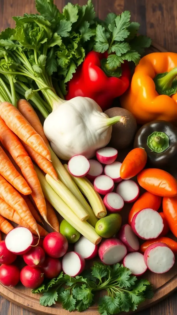 A colorful assortment of fresh vegetables including carrots, bell peppers, radishes, and herbs arranged on a wooden platter.