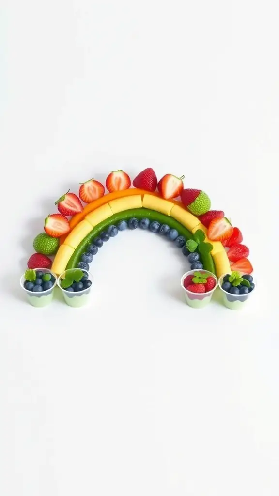 Colorful fruit arranged in a rainbow shape with cups of blueberries and strawberries
