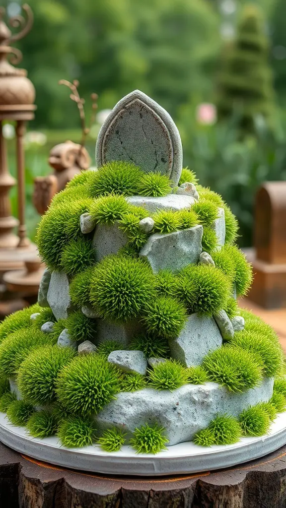 A cake designed to look like a mossy stone garden, featuring green moss and rocky textures.