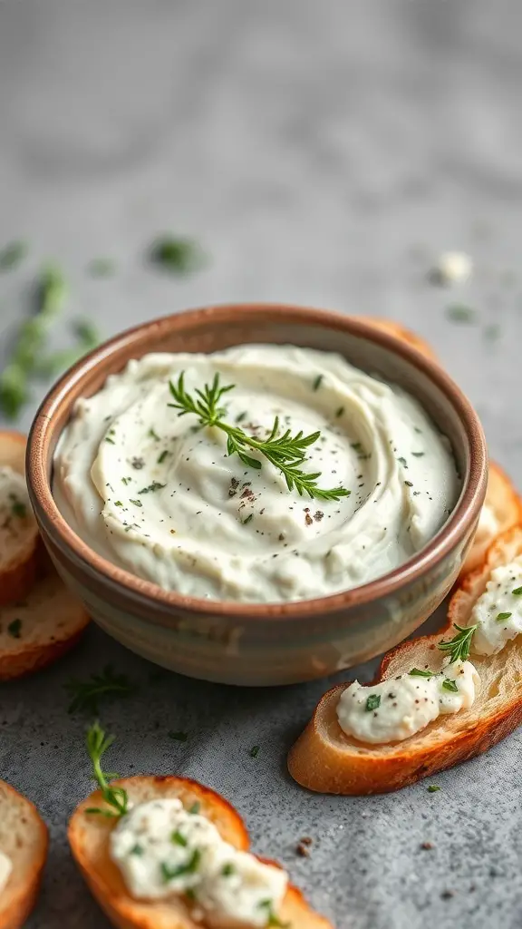 A bowl of herbed goat cheese dip surrounded by toasted bread slices topped with the dip.