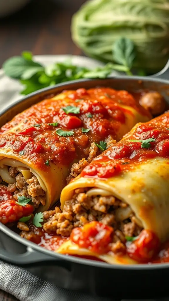 A close-up of a cabbage roll casserole topped with tomato sauce and herbs, with a head of cabbage in the background.
