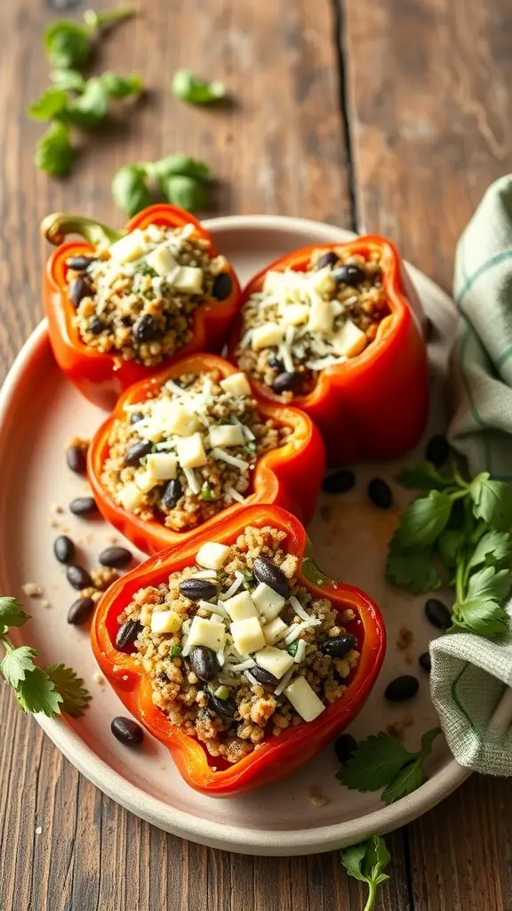 Stuffed bell peppers filled with quinoa, black beans, and cheese on a plate.