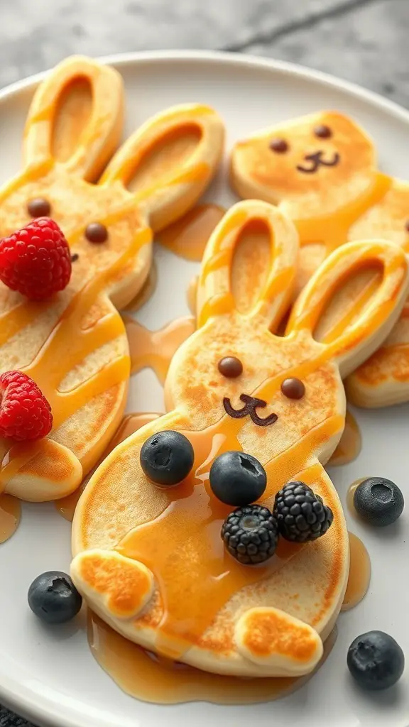 Plate of bunny-shaped pancakes with syrup and berries