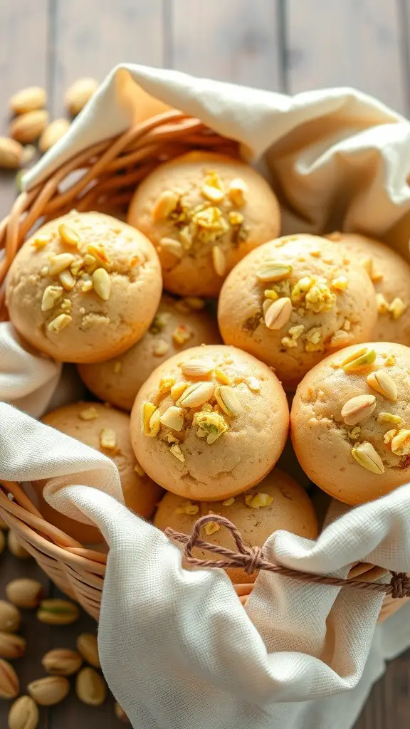 A basket filled with rosewater pistachio muffins topped with chopped pistachios.