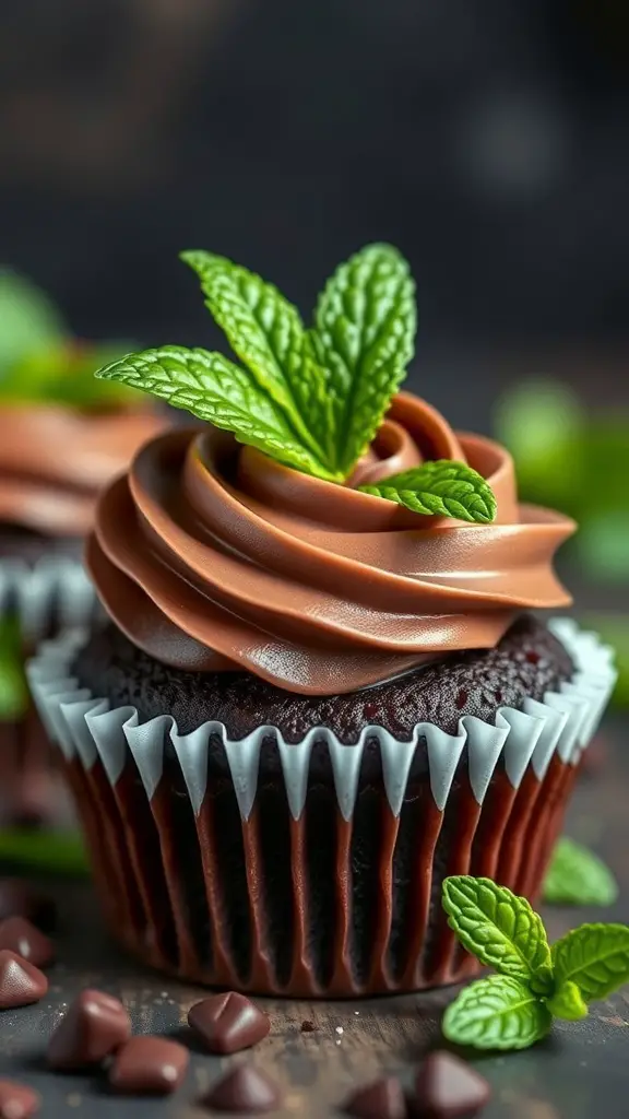 Chocolate mint cupcakes with chocolate frosting and mint leaves on top
