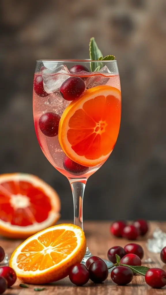 A refreshing Cranberry Orange Fizz mocktail in a glass, garnished with orange slices and cranberries.