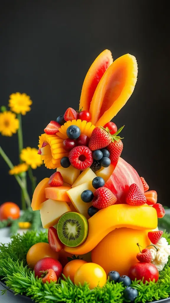 A colorful fruit platter shaped like an Easter bunny, featuring various fruits like strawberries, blueberries, and melons.