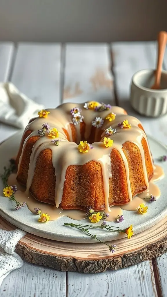 A beautifully decorated wildflower pound cake with a creamy glaze and colorful edible flowers on top.