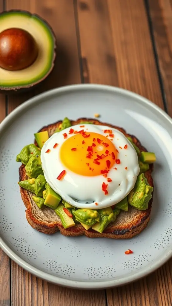 A plate of avocado toast topped with a poached egg and chili flakes, with a halved avocado in the background.