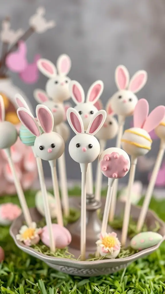 A colorful display of Easter cake pops shaped like bunnies and decorated with icing.