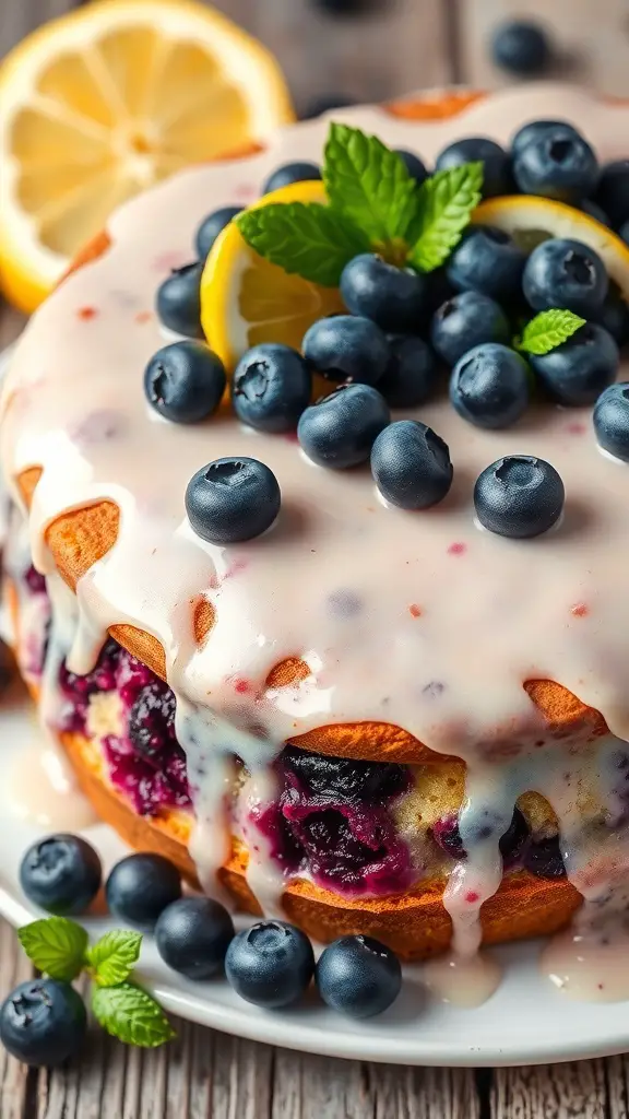A delicious blueberry lemon cake topped with fresh blueberries and lemon slices, drizzled with a sweet glaze.