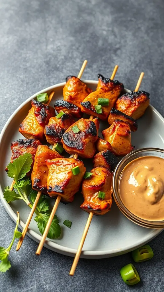 A plate of Thai Chicken Satay Skewers with peanut sauce and garnished with green onions and cilantro.